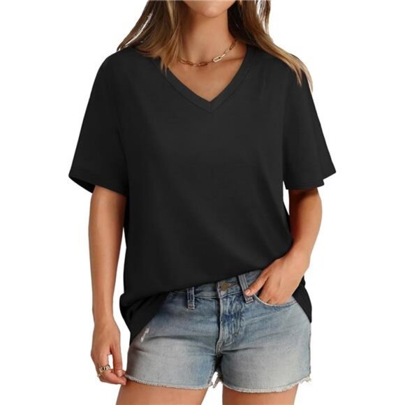Womens V Neck Short Sleeve T Shirts Summer Tops 2025 Casual Loose Tees - Picture 1 of 7